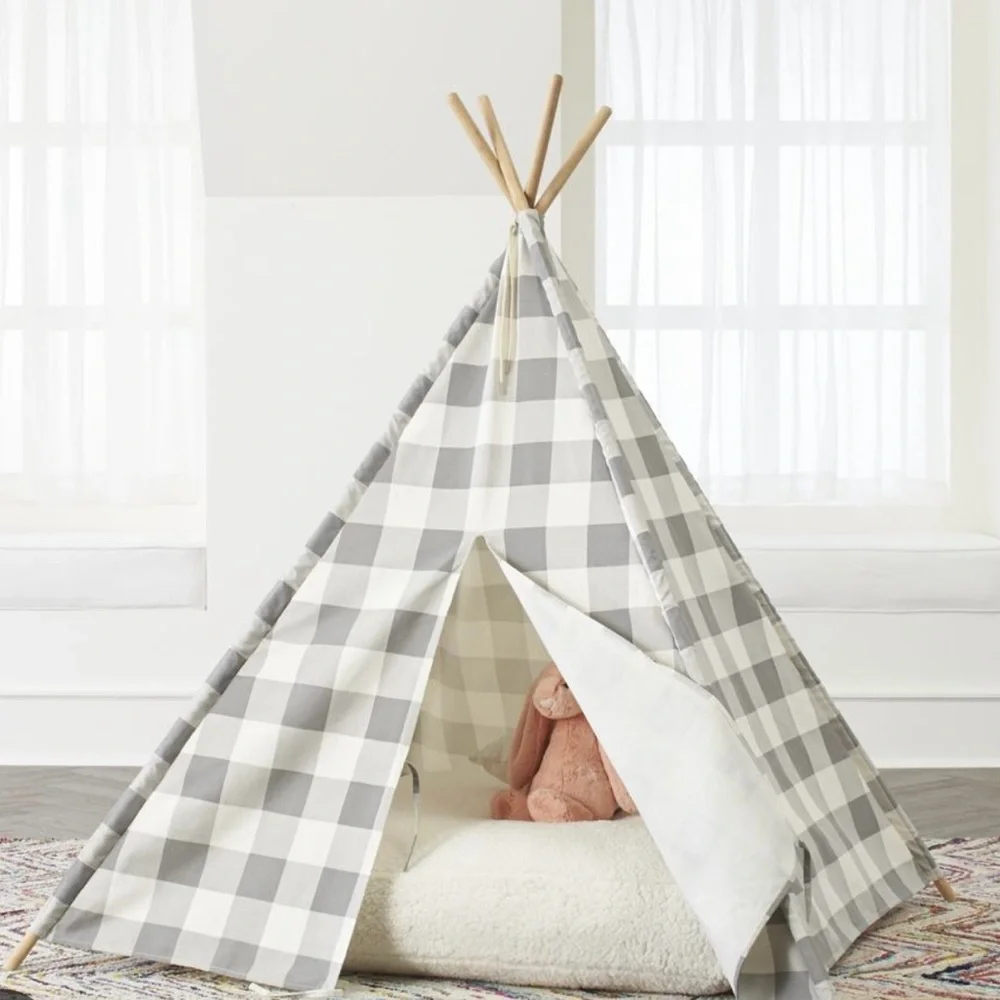 NEW Crate and Barrel Kids Grey And White Plaid Teepee Tent Play Tent - $199